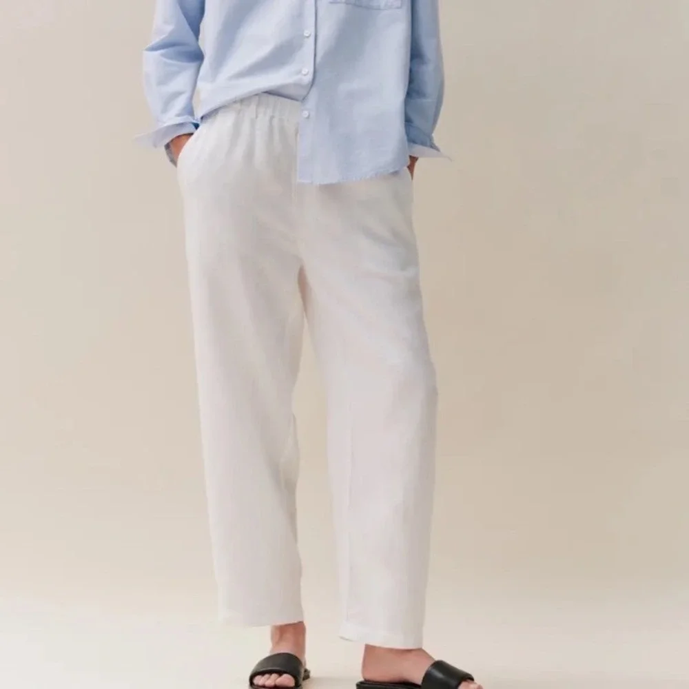 Quince 100% European Linen Pants White Relaxed Straight Leg Elastic Waist L